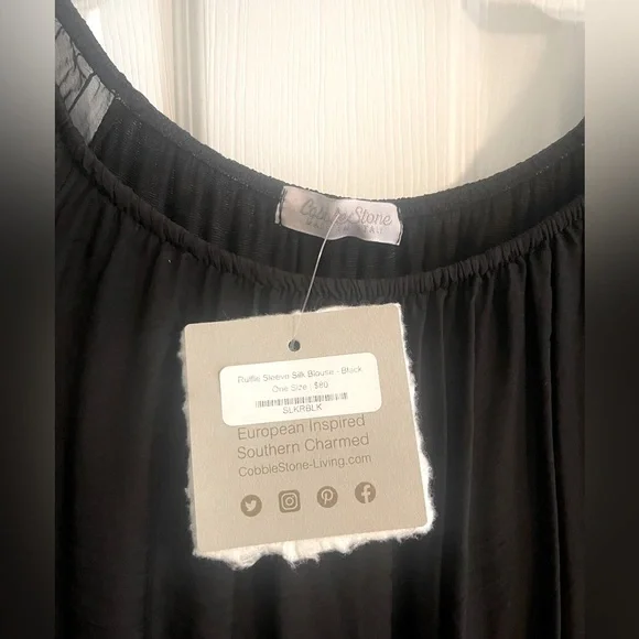NWT Cobblestone Ruffle Sleeve Silk Black Blouse One size - Picture 3 of 5